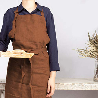 ATLINIA 100% Linen Apron for Women Men Apron for Kitchen Cooking Crafting - color: Brown