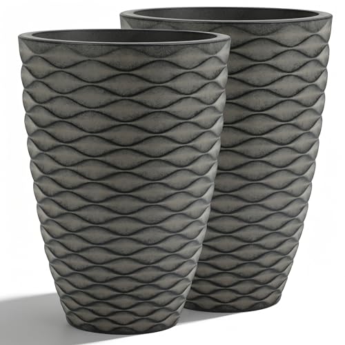 2-Pack 19" Rustic Black Resin Tall Planters with Wave Texture - color: 19"h-rustic Black Wavy