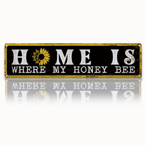 Garden Metal Tin Sign Bee Decor, Vintage Farmhouse Wall Art, Home Is Where My Honey Bee Sign, for Yard Fence Porch, Rustic Outdoor Garden Decoration, Ideal for Honey Lovers, 15.7 x 3.9 Inches - color: Garden 02