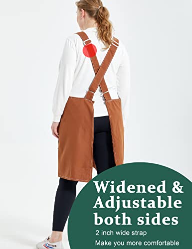 Big Plus Size Aprons for Women with Pockets Cotton Linen Baking Kitchen Cooking - color: Brown