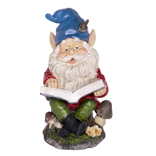 Alpine Corporation 14" Tall Outdoor Garden Gnome Reading a Book Yard Statue Decoration - color: Blue/Green/Red Gnome Reading