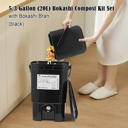 20L Bokashi Compost Bin, 5.28 Gallon Compost Bin for Kitchen Composter with Lid, Bokashi Start Kit with Bran (Tan & Dark Green) (20L/5.28GAL Black) - color: 20L/5.28GAL Black