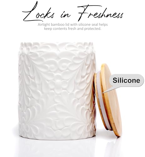 25DOL Small 30 Oz Engraved Ceramic Kitchen Canister, Airtight Bamboo Lid