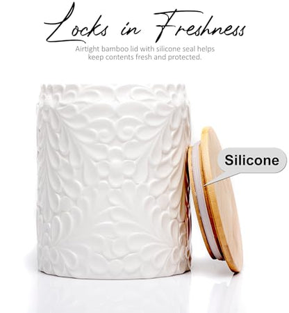 25DOL Small 30 Oz Engraved Ceramic Kitchen Canister, Airtight Bamboo Lid