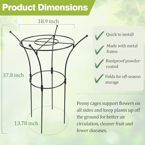 2 Pack Large Peony Cages and Supports, 38" H x 19" D Tall Heavy Duty 5mm Black Metal Garden Stakes for Outdoor & Indoor Plants, Sturdy Rust-Resistant Frame for Peonies Roses Flowers - size: 2 Pack