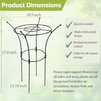 2 Pack Large Peony Cages and Supports, 38" H x 19" D Tall Heavy Duty 5mm Black Metal Garden Stakes for Outdoor & Indoor Plants, Sturdy Rust-Resistant Frame for Peonies Roses Flowers - size: 2 Pack