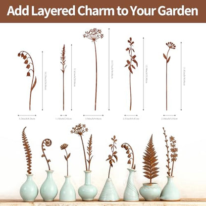 Outdoor Decor Metal Flower Garden Stakes, 5-Piece Yard Art Set for Lawn Patio Walkway Flower Bed, Rustic Farmhouse Dandelion & Fern Metal Garden Decorations for Outside