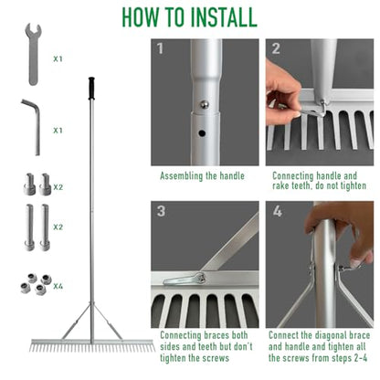 Landscape Rake 36" Head Aluminum Rake, 76" Long Handle, 37 Tines