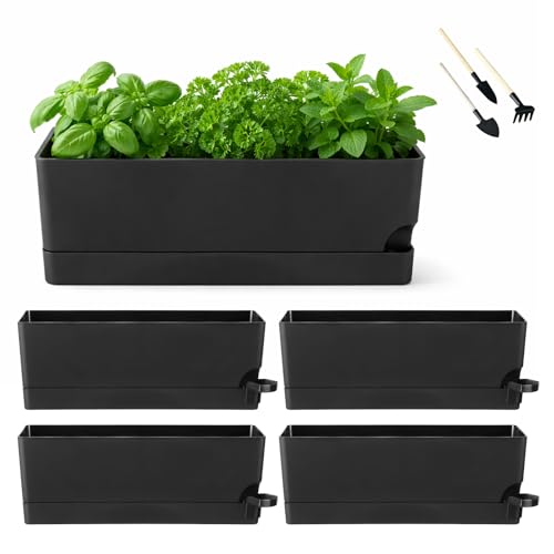Party Zealot Self Watering Pots for Indoor Plants, 5 Pack Window Boxes Planters 17 Inch Rectangular Planter Rectangle Flower Pots Long Plant Pot Large Window Sill Herb Planter Box, Black - color: Black