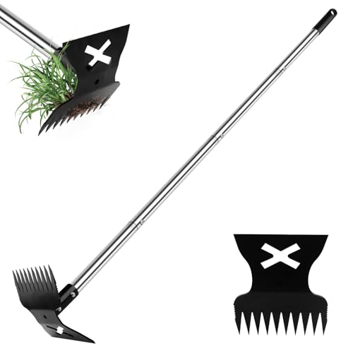 Large Weed Puller Tool with Long Handle, Garden Hoe & 10 Teeth Weed Rake - size: Large