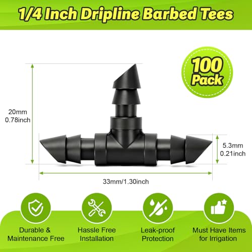 100 Pack 1/4" Drip Irrigation Tee Fittings：1/4'' Drip Line Double Barbed Tee Connectors for 1/4 Inch Irrigation Tubing Quarter Inch 3-Way T Connector for Irrigation System - size: 1/4" Tee-100P
