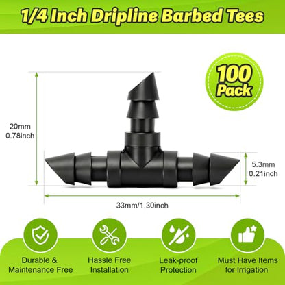 100 Pack 1/4" Drip Irrigation Tee Fittings：1/4'' Drip Line Double Barbed Tee Connectors for 1/4 Inch Irrigation Tubing Quarter Inch 3-Way T Connector for Irrigation System - size: 1/4" Tee-100P