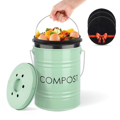 Vipush Compost Bin Kitchen Countertop Composter with lid – Small Compost ContainerI Includes Inner Compost Bucket Liner & Charcoal Filter, Green - color: green