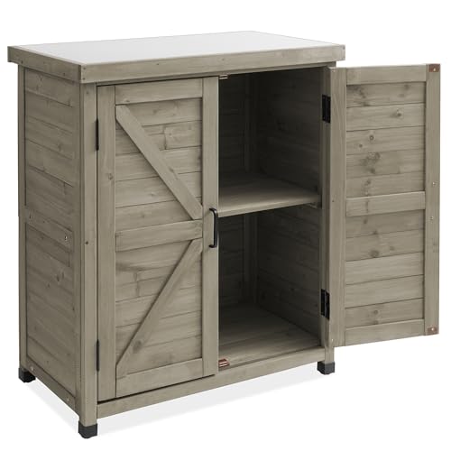 Casafield Outdoor Garden Potting Bench with Metal Tabletop and Storage Cabinet - Wooden Outdoor Garden Patio Workstation Table, Gray - color: Gray
