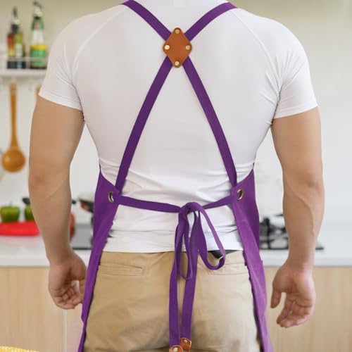 Aoomzoon Canvas Aprons for Men Women, Heavy Duty BBQ Apron with Pockets - color: Purple