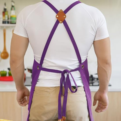 Aoomzoon Canvas Aprons for Men Women, Heavy Duty BBQ Apron with Pockets - color: Purple