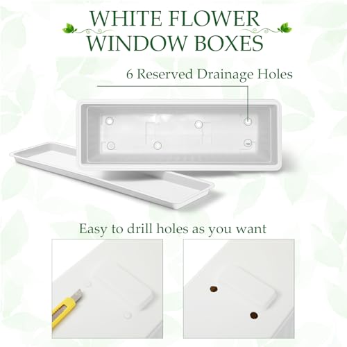 FillTouch 6 Packs 23 Inch Window Flower Box Extra Large Window Sill Herb Garden Long Rectangle Planter Plastic Boxes Outdoor with Drainage Trays Boxes for Balcony Windowsill Patio Garden - size: 23 Inch