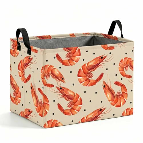Red Shrimp Storage Basket with Handles, Coastal Shrimp Laundry Hamper 56L Large Collapsible Organizer, Laundry Basket for Bathroom/Laundry/Bedroom - color: Red Shrimp