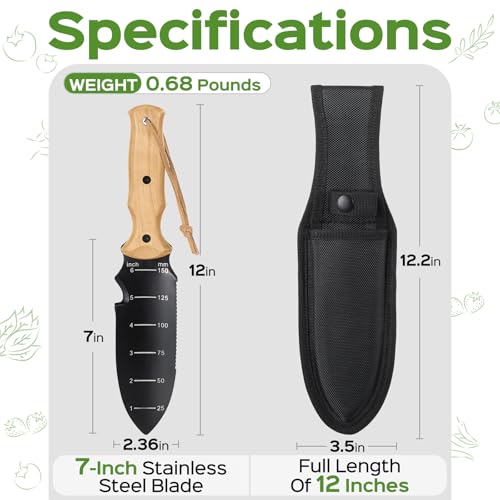 Garden Tools Trowel with EDC Sheath, 7" Garden Knife, Gifts for Women Mom - color: Black & Beech