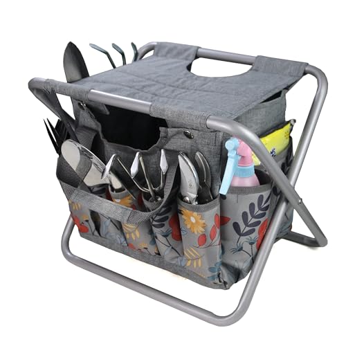 MDSTOP Folding Gardening Stool with Detachable Storage Tote Bag, Gardening Tools Set Organizer for Fishing Outdoor Sports Hiking Camping Garden, Gardening Gifts for Mom/Dad, Without Tools - color: Grey