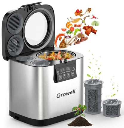 Growell 4L Electric Composter for Kitchen, Countertop, Indoor Compost Bin - color: Silver – Black Lid