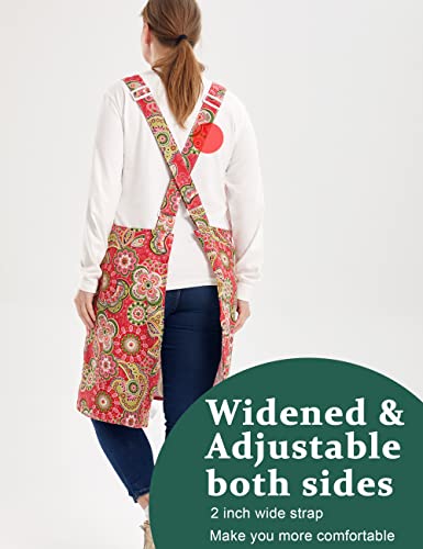 Big Plus Size Aprons for Women with Pockets Cotton Linen Baking Kitchen Cooking - color: Red Flowers