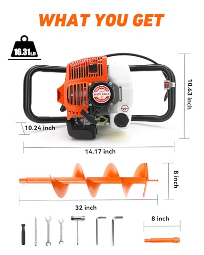 NEO-TEC 63CC Post Hole Digger Gas Powered, Earth Auger with 8" Bit & 8" Ext - size: 63CC+8"+1 Extension