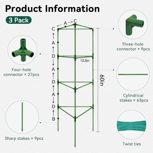 Halatool 3 Pack 60 Inch Adjustable Tomato Cages for Graden