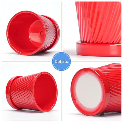 6 Inch Flower Pots for Plants, Ceramic Planter with Drainage and Saucer - color: Red