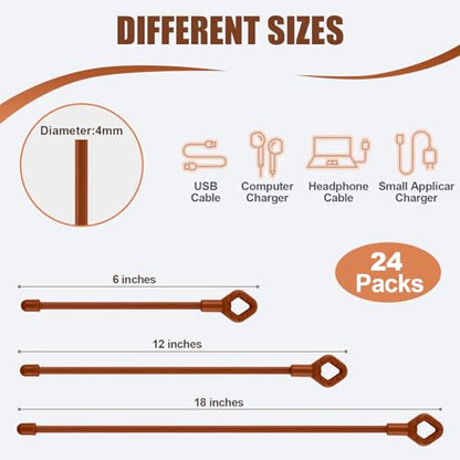 HOMEE 24Pcs Reusable Silicone Cable Twist Ties with Holes 6, 12, 18 inch - color: Brown, size: 6"+12"+18" - 24 PCS
