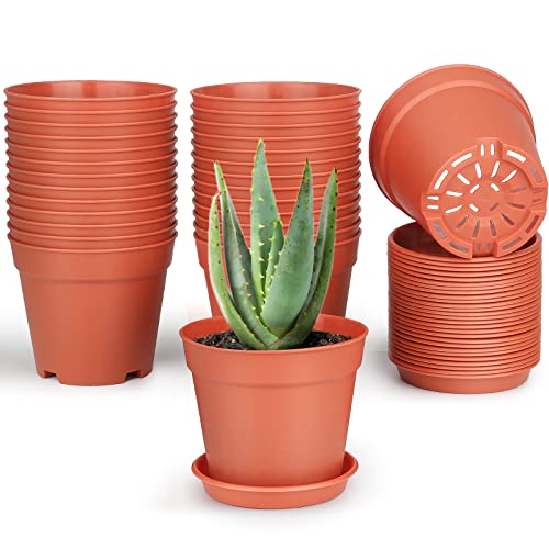 SwinDuck 4 inch Small Plant Pots, 28 Pack Plastic Planters with Drainage Holes and Saucers for Flowers Plants, Succulents, Seed Starting Pots, Terracotta - color: Terracotta