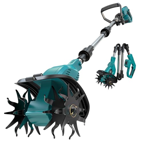 Cordless Tiller Cultivator Compatible with Makita 18V Battery, Ecarke 450RPM Brushless Garden Rototiller,48 Steel Tines, 9" W×6.3" D,Foldable Soil Tilling Tool for Garden Lawn Landscaping (Tool Only) - color: Blue