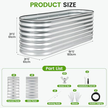 Galvanized Raised Garden Bed 6x2x2ft,Silver Planter Box