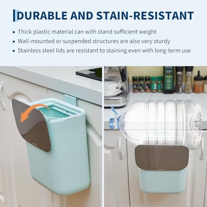 2.38 Gallon / 9 Liter Compost Bin Hanging Trash Can Stainless Steel Garbage Can with Stainless Steel Lid and Hanging Hook, for Kitchen、Bathroom& Offices, Green - color: Green, size: Large