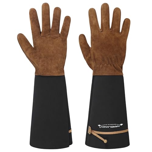 HANDLANDY HLDD Long Gardening Gloves for Women Men - Leather Rose Pruning Gloves Thorn Proof - Breathable Working Glove - color: Black-brown, size: Medium