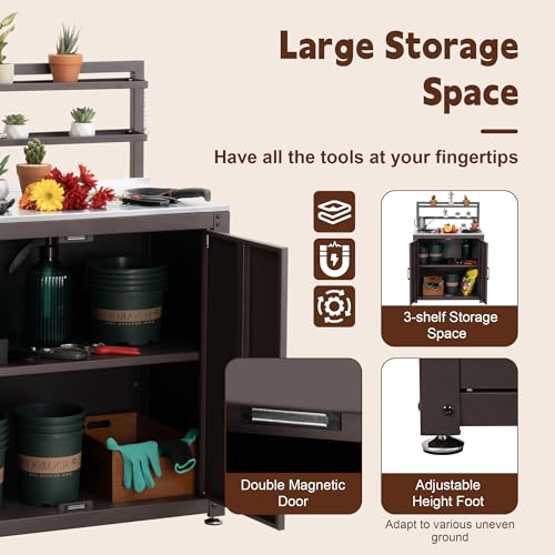 Feasto Outdoor Potting Bench with Storage Cabinet Stainless Steel Tabletop - color: Brown
