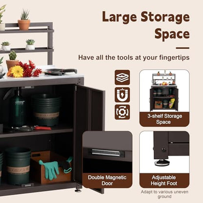 Feasto Outdoor Potting Bench with Storage Cabinet Stainless Steel Tabletop - color: Brown