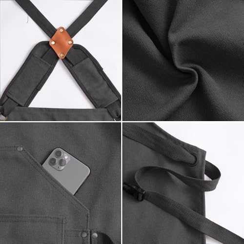 Tosewever Work Aprons for Men with Large Pockets, Canvas Cross Back Heavy Duty Adjustable Tool Aprons for Chef Cooking BBQ - color: Grey