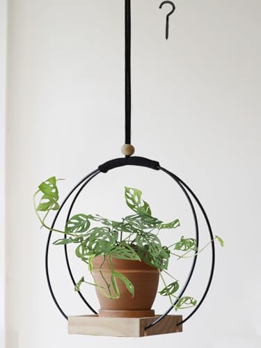 Plant Hanger with Wood Base - Boho Macrame Hanging Plant Holder for Indoor Plants Hanging Planter for Wall /Window/Room Decor Black (Pot & Plant Not Included) - color: Black, size: 1 PACK