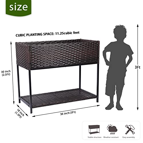 Rattan Wicker Raised Storage Garden Bed 3x1.5x2.5 ft Planter Box - color: Brown