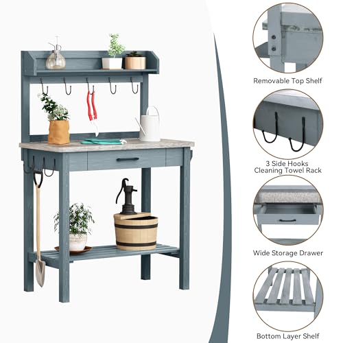 HOLTICO Potting Bench with Storage Drawer, Blue-Gray