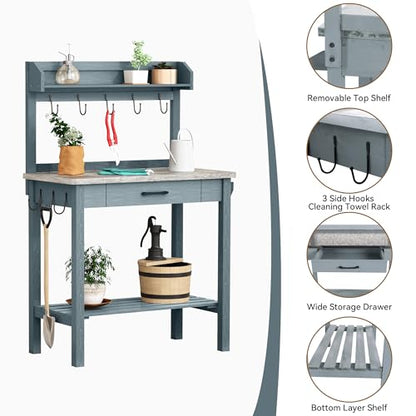 HOLTICO Potting Bench with Storage Drawer, Blue-Gray