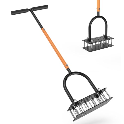 GAINO Lawn Aerator & Aerator Lawn Tool - Manual Yard Aerator for Lawn with 15 Spikes, Automatic Dirt and Leaf Clean Design, Adjustable T-Handle, Pre-Assembled Lawn Aerator Tools (Black + Orange)