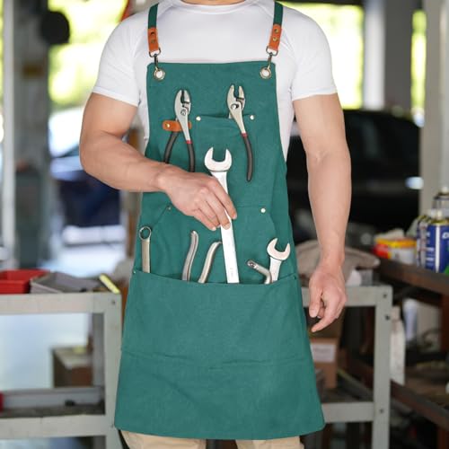 Aoomzoon Canvas Aprons for Men Women, Heavy Duty BBQ Apron with Pockets - color: Green