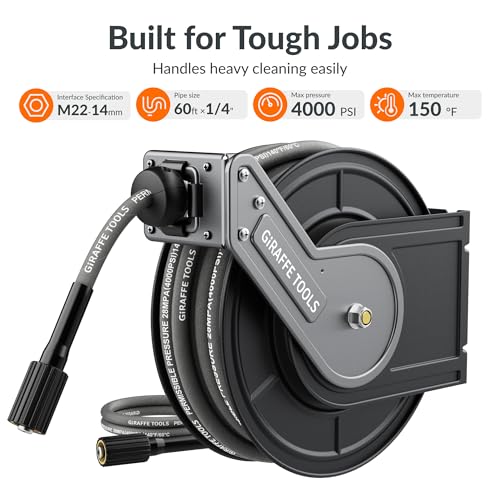 Giraffe Tools Pressure Washer Hose Reel with Replaceable 60FT Hose, 4000PSI