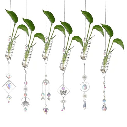6Pcs Wall Hanging Glass Propagation Station with Crystal Planter Suncatcher - color: Silver-2