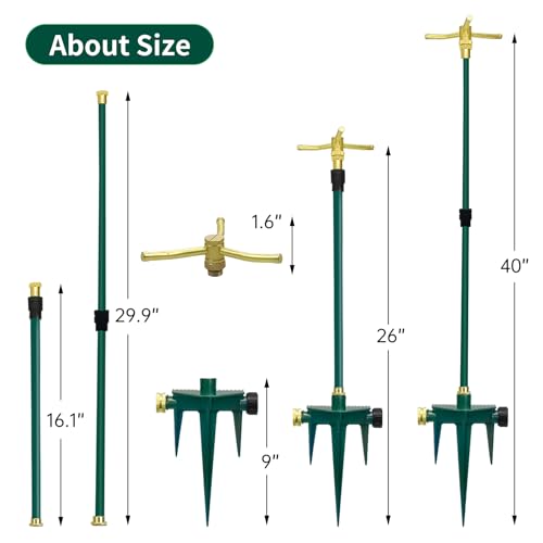 3-Arm 360° Rotating Garden Sprinkler, 2 Pack Telescoping Sprinkler with Spike, Brass Garden Lawn Water Sprinkler for Large Area up to 40 Inches