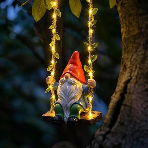 Hanging Swing Garden Gnomes Outdoor Decor, Solar Statues Gifts for Women - color: Swing Gnome