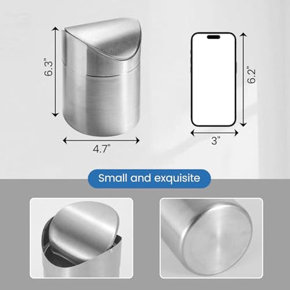 LOVEINUSA Mini Trash Can with Lid, 1.5l Small Garbage Bin Brushed Stainless