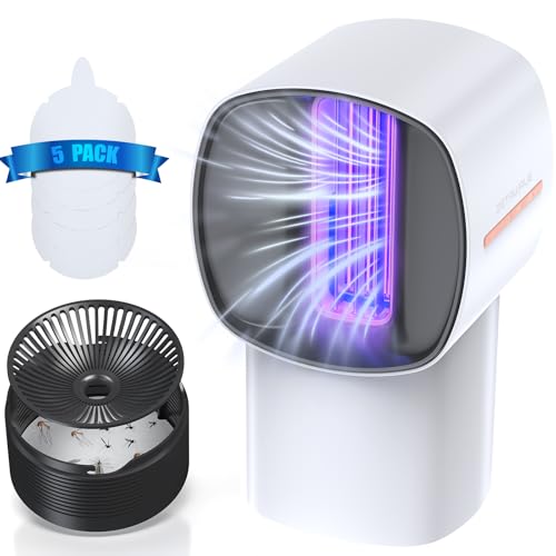 Fruit Fly Traps for Indoors, Gnat and Insects Catcher for House with UV Light, Heat Lure, Fan Suction, Ideal for Kitchen, Patio, Plant Pots, Bedroom, 5 Sticky Pads Included, USB-C Powered - color: White